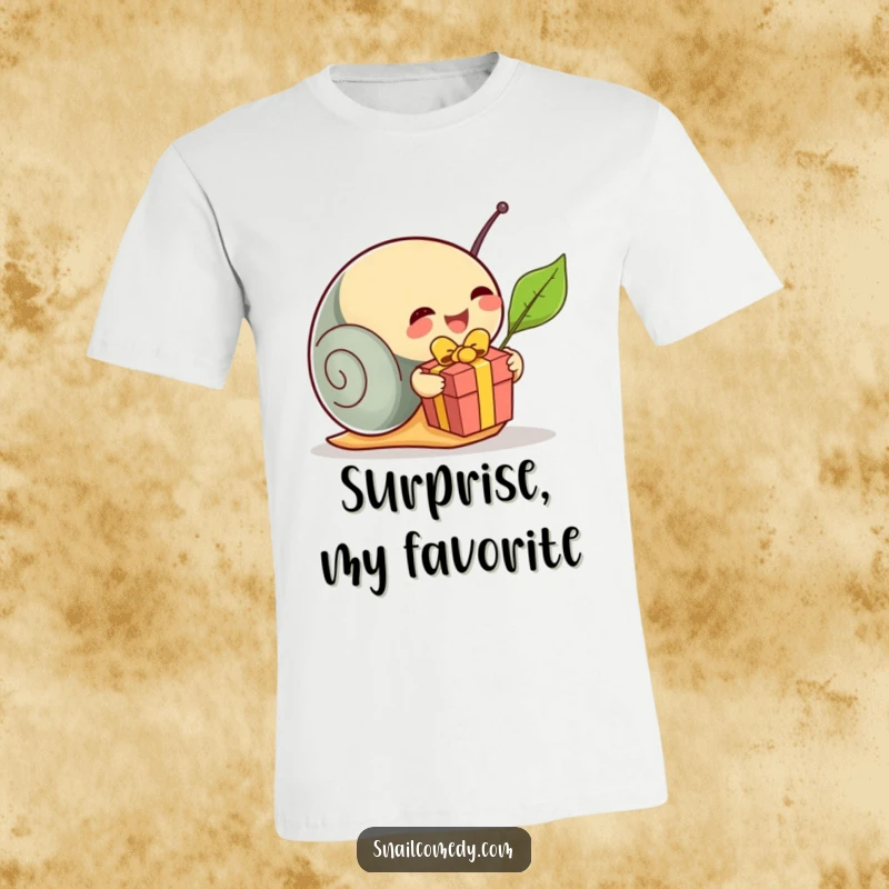 Funny snail unwrapping a leaf present on a graphic t-shirt, capturing the essence of excitement, an ideal funny gift.
