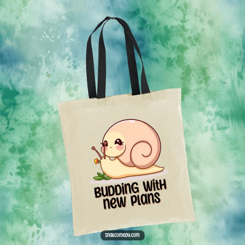 Funny playful snail nudging a tiny flower bud with its head on a durable tote bag, a charming funny gift.
