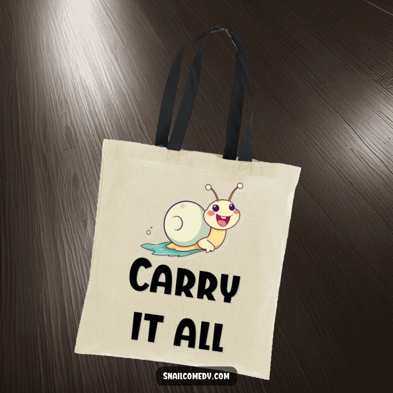 Funny Zooming Kawaii Snail Tote Bag, zooming enthusiastically with a huge smile, perfect for stylish and humorous everyday carrying.