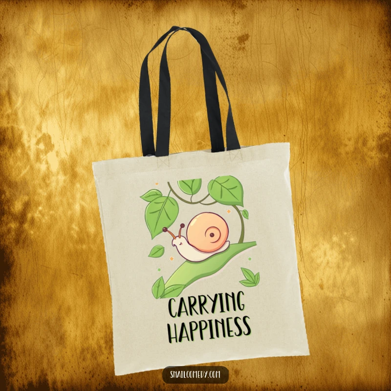 Funny tote bag with a kawaii snail gleefully sliding down a green leafy slope.