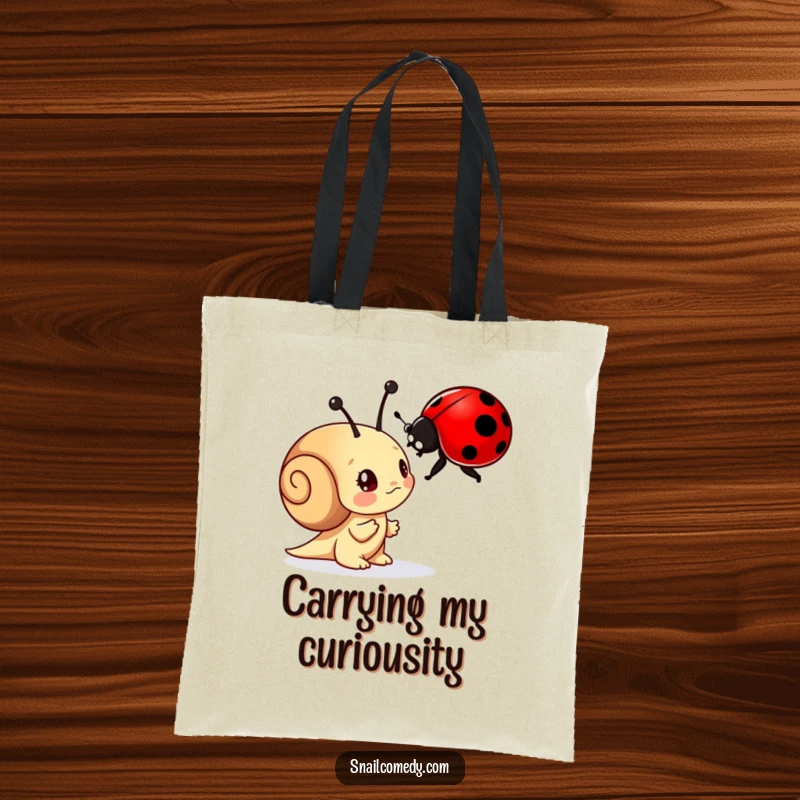 Funny tote bag with a curious snail character examining a ladybug with wonder, perfect for shopping and daily adventures.