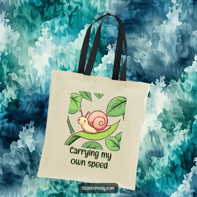 Funny snail character joyfully sliding down a slippery leaf, featured on a durable tote bag, emphasizing humor and personality.