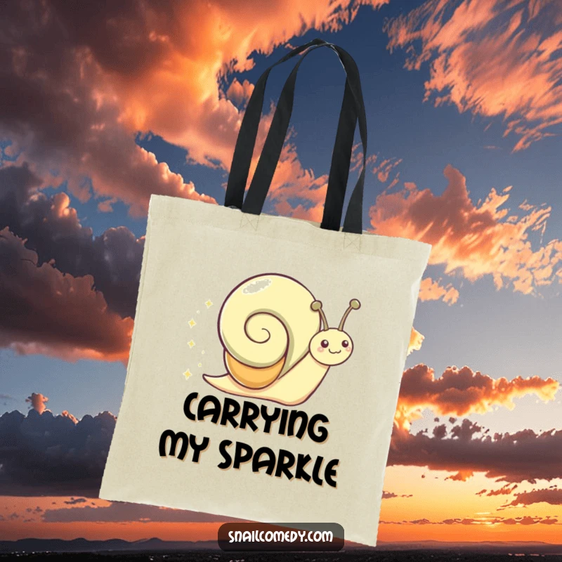 Funny Tote Bag with a gleeful snail character leaving a bright, sparkly trail on its sliding journey.