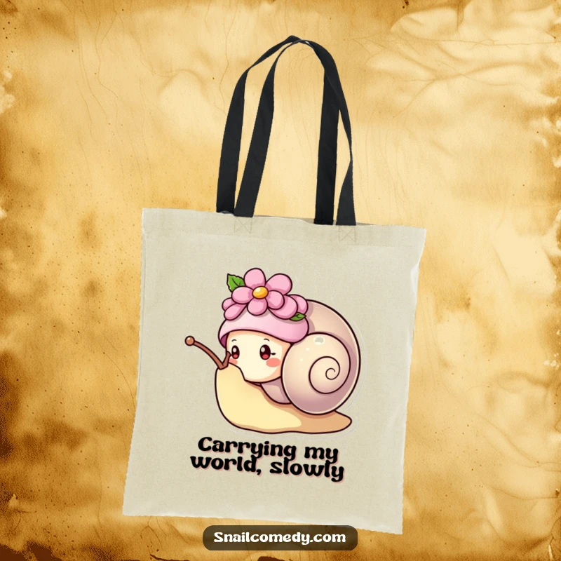 Funny kawaii snail wearing a flower hat, peeking curiously from its shell, durable and humorous tote bag.