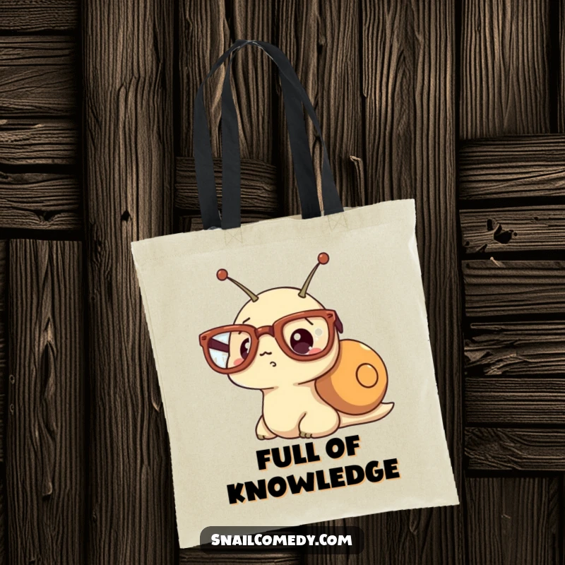 Funny tote bag with a kawaii snail wearing oversized glasses and a hilariously surprised expression.