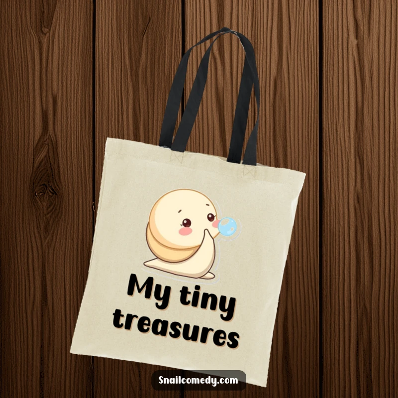 Funny tote bag with a baby snail character playfully blowing a small bubble, perfect for cute vibes.