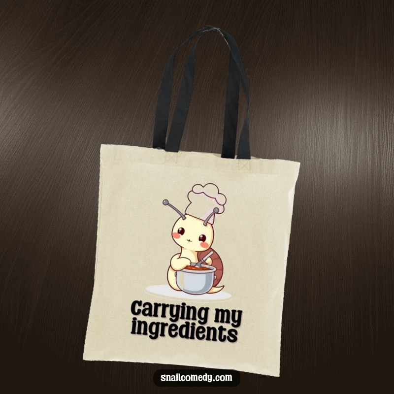 Funny snail chef stirring soup on a stylish tote bag, perfect for grocery runs and kitchen essentials, a superb funny gift.