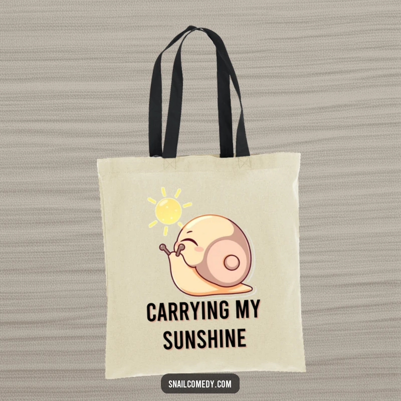 Funny tote bag with a content snail character basking in a sunbeam, eyes closed peacefully, perfect for shopping and carrying calm.