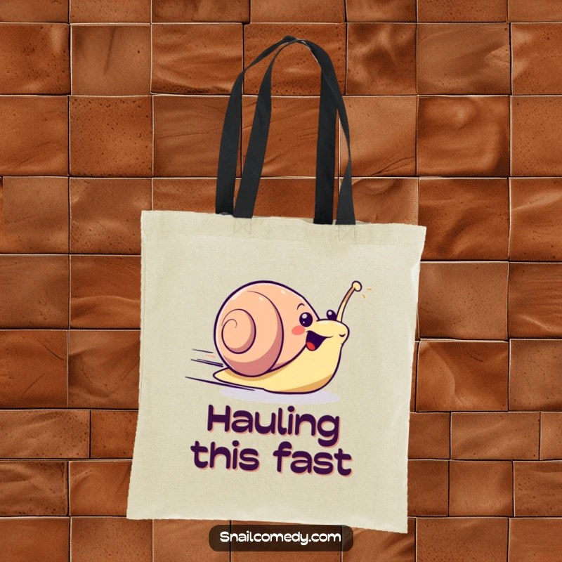 Excited kawaii snail zooming forward with surprising speed on a durable tote bag, for fast adventures.