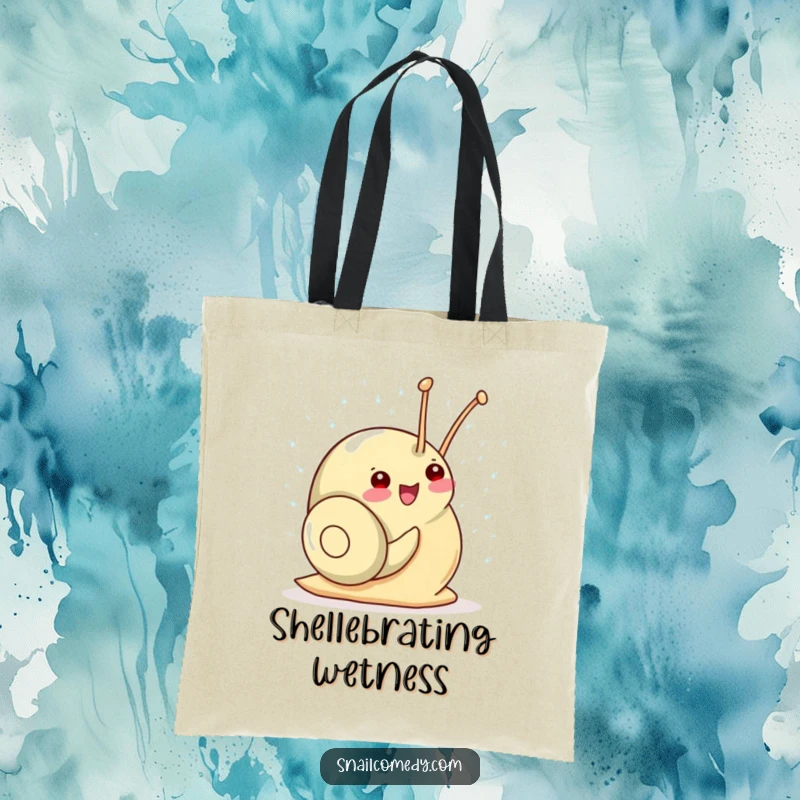 Funny Kawaii Snail Tote Bag: A gleeful snail showers itself with sparkling raindrops, a symbol of carrying happiness anywhere.