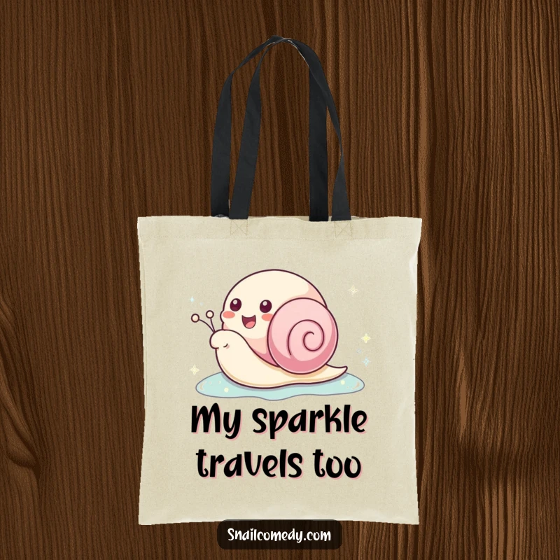 Funny kawaii snail tote bag with a happy snail creating a sparkling slime trail, ideal for carrying items with charm.