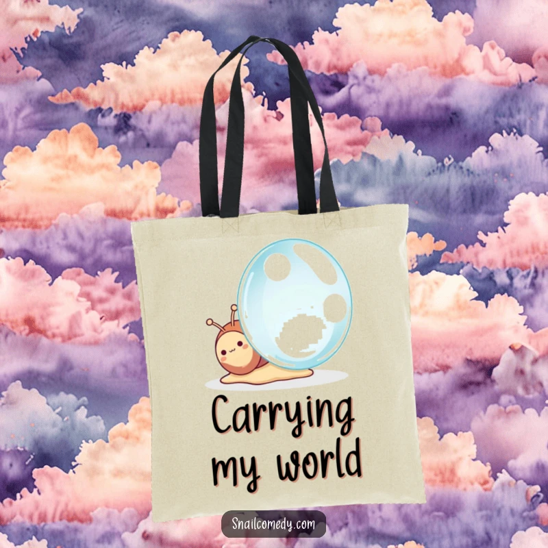 Funny Kawaii Snail Tote Bag, a cute snail curiously examining a giant dewdrop with wide-eyed wonder, practical and adorable accessory.