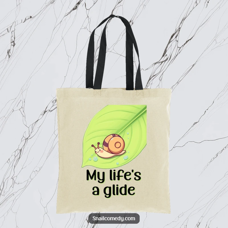 Funny Kawaii snail making a whoosh down a wet leaf, printed on a tote bag for humorous carry.