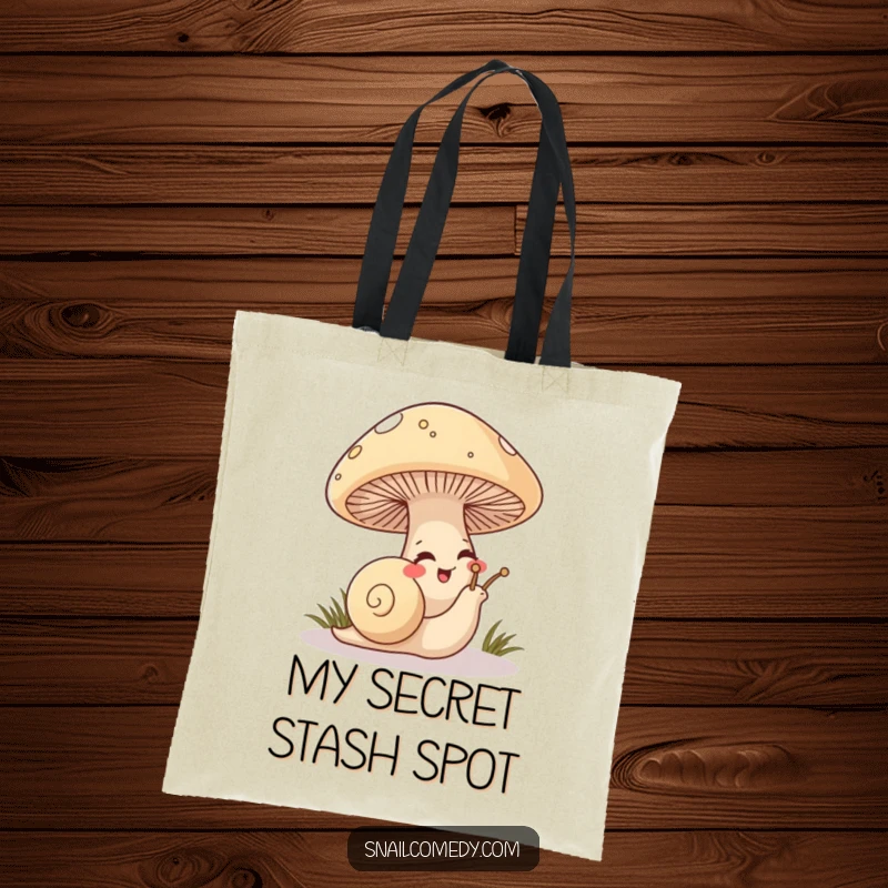Funny Snail Tote Bag showcasing a mischievous snail peeking from under a large mushroom, giggling playfully.