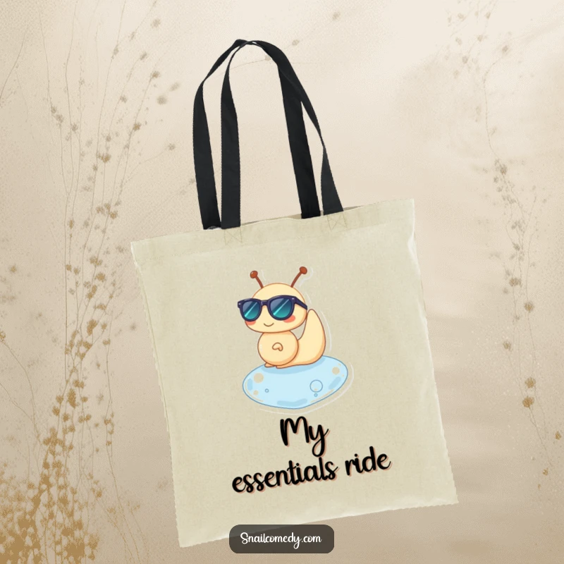 Funny tote bag with a snail character in sunglasses, happily floating on a water drop, great for errands.