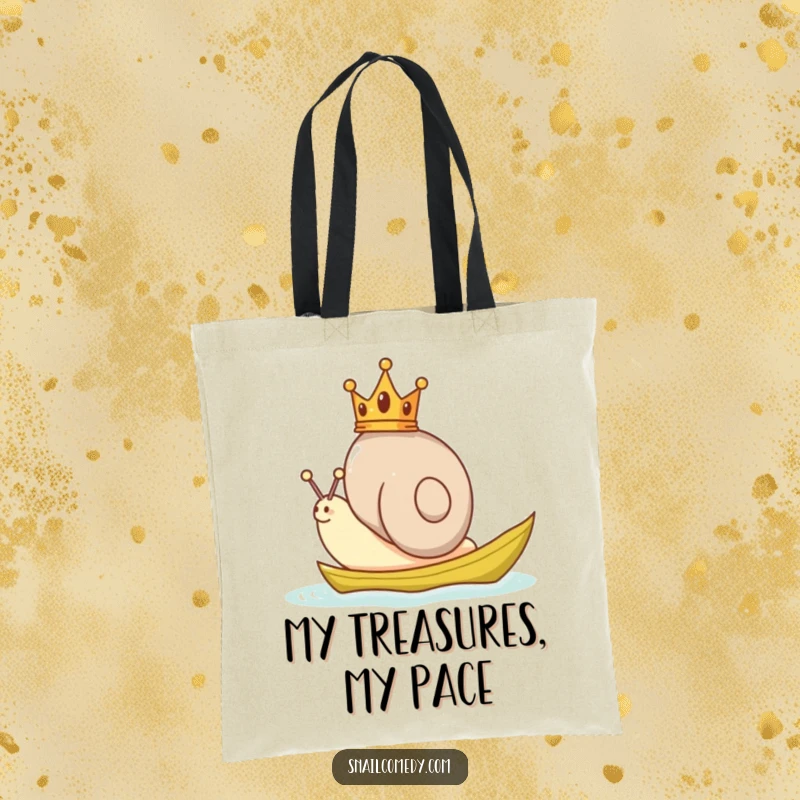 Funny Snail Tote Bag featuring a snail wearing a tiny crown, sailing on a leaf boat, perfect for shopping trips.