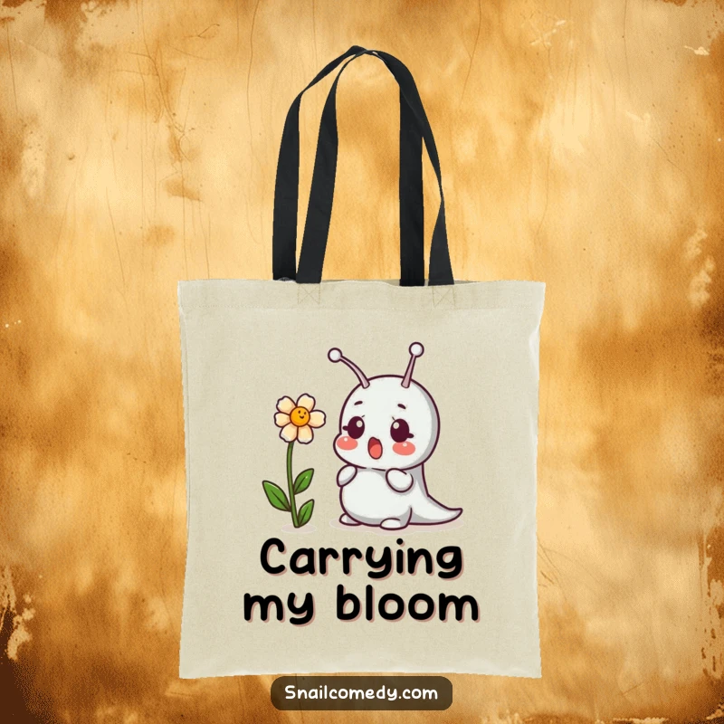 Funny tote bag illustration of a surprised snail and a giggling flower, great for shopping and gifts.