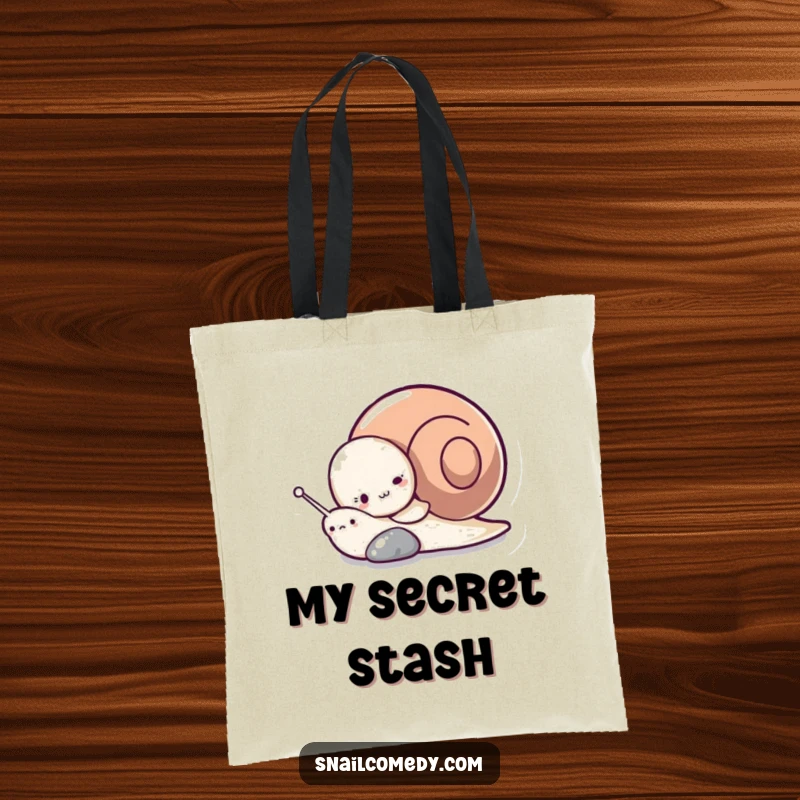 Funny tote bag showing a snail character playfully hiding behind a pebble, ideal for carrying daily items with a smile.