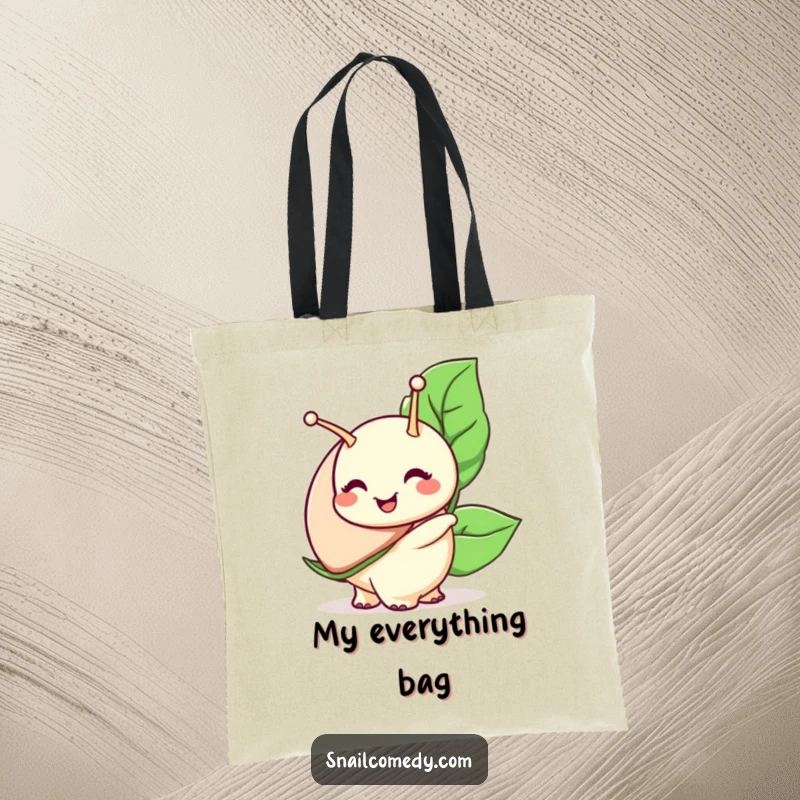 Funny snail tote bag, a snail character with a wide smile carries a large leaf, perfect for essentials.
