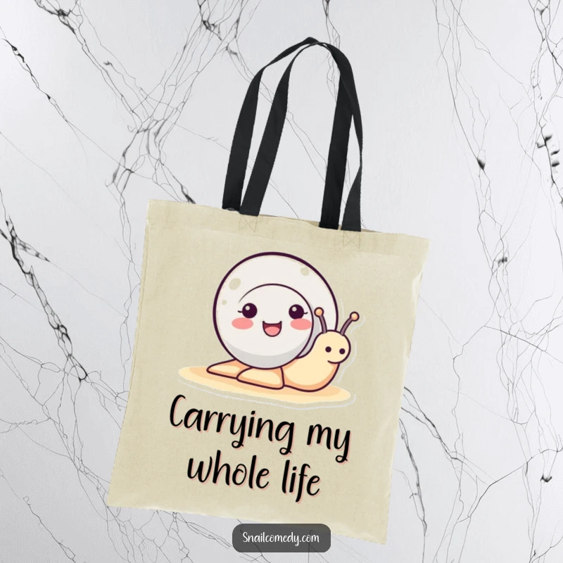 Funny cute snail peeking its head out of its shell, smiling brightly on a durable tote bag, a fantastic funny gift.