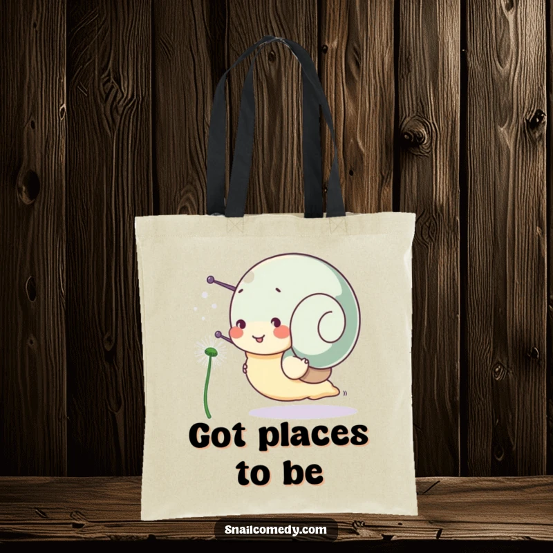 Funny snail tote bag, a snail character joyfully races a dandelion seed, representing a fun and whimsical journey.