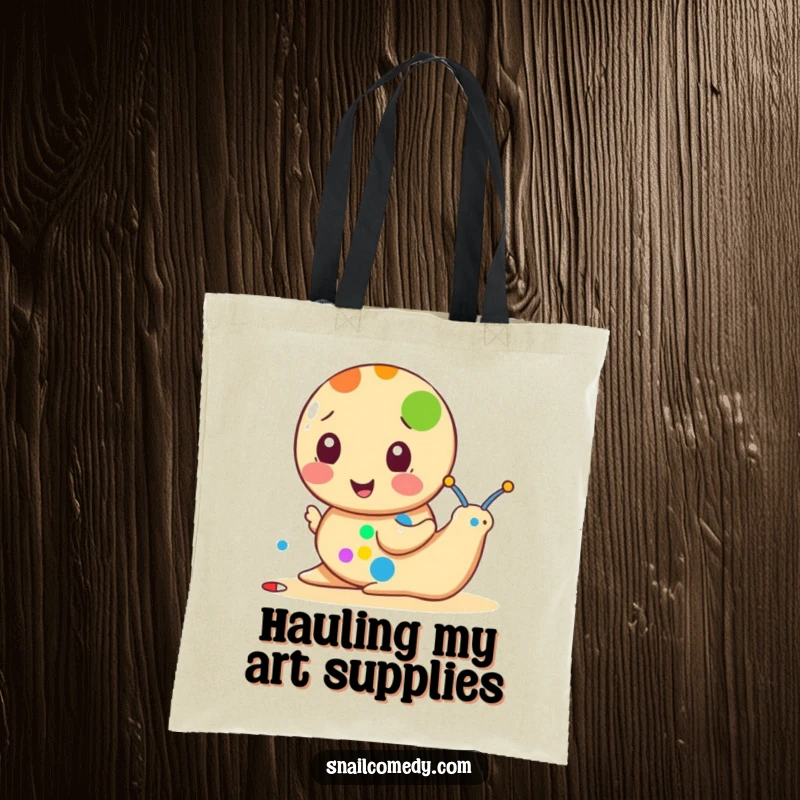 Funny snail tote bag with a snail enthusiastically painting a colorful dot, a charming and functional accessory.