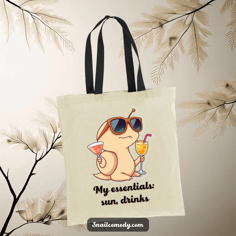 Funny Snail Tote Bag showcasing a surprised snail wearing large sunglasses and holding a cocktail, ideal for errands.