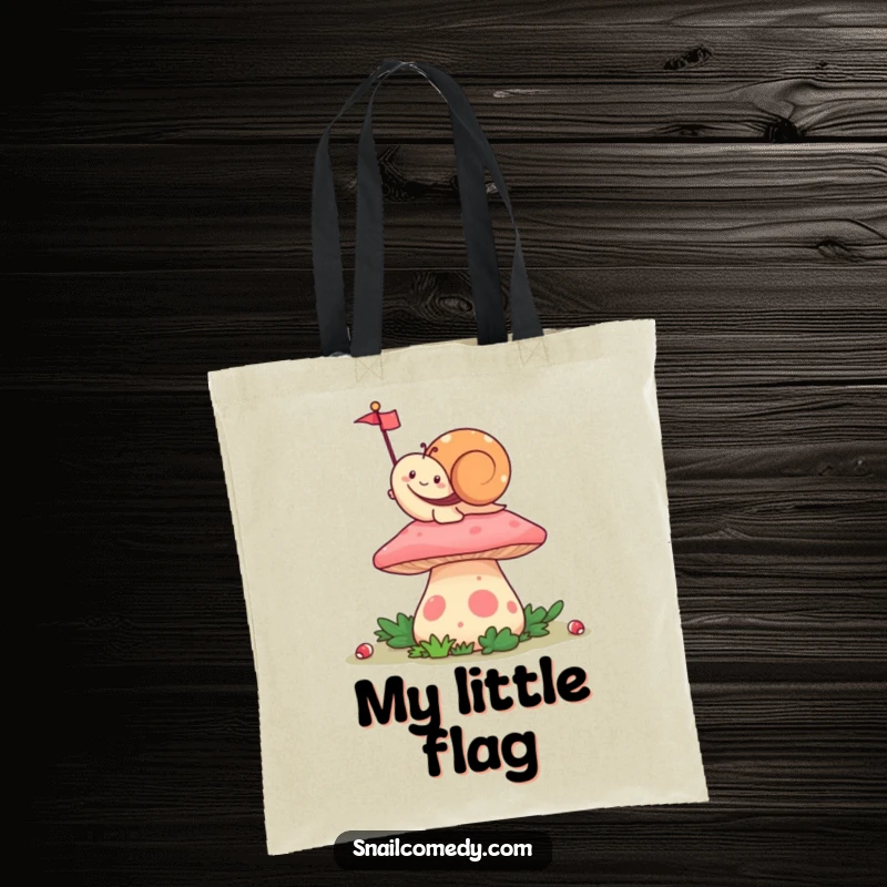 Funny Waving Kawaii Snail Tote Bag, happily waving a tiny flag from atop a colorful mushroom, ideal for stylish and humorous carrying.