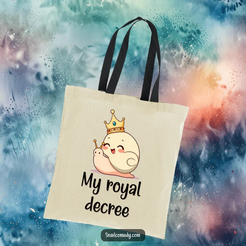 Funny Tote Bag featuring a giggling snail character wearing a tiny crown, ready to rule its domain.